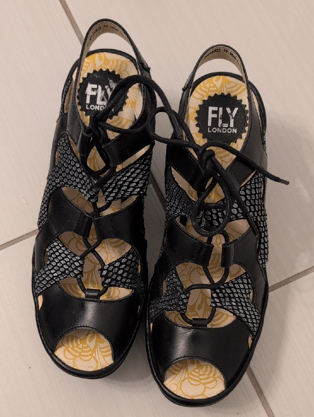FLY London Yexa Black Leather Lace-Up Cutout Platform Wedge Sandals Size 39